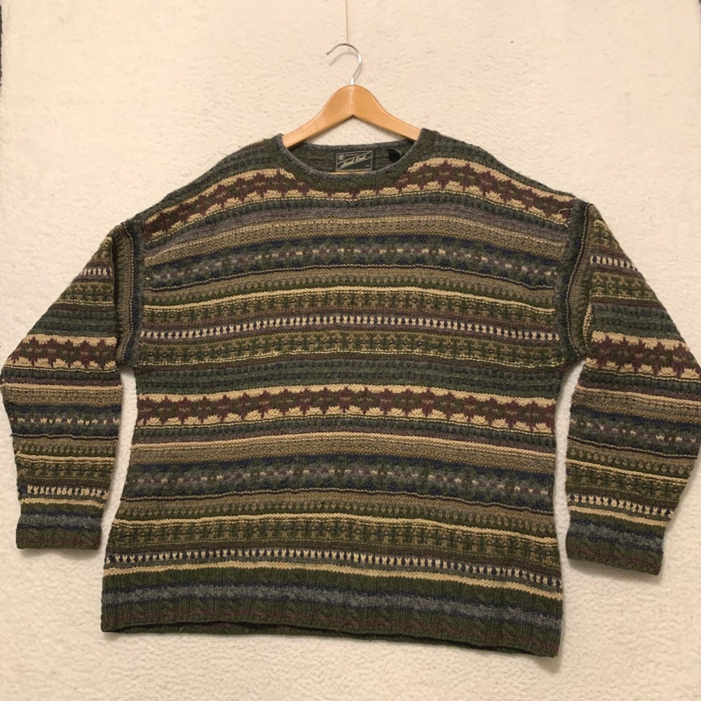 VTG American Eagle Hand Knit Wool Fair Isle Sweater Mens XL Heavy Green 90s